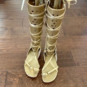 CHANEL Metallic Gold Knee High Gladiator Sandals